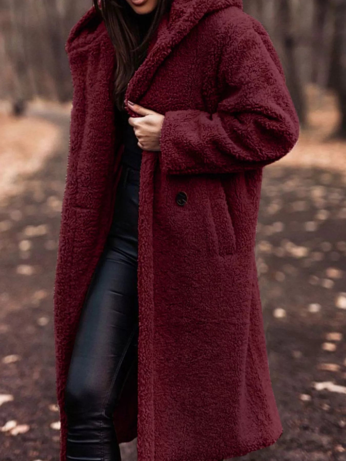 Teddy Bear Hooded Longline Outerwear Wine Red