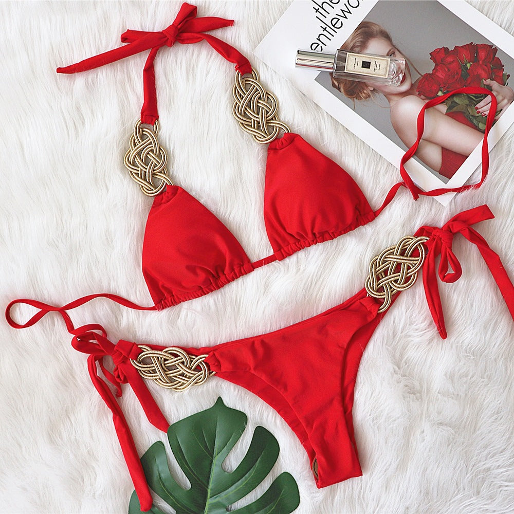 Bikini Solid Color Split Swimsuit Sexy Hand-Woven Women Swimwear Red