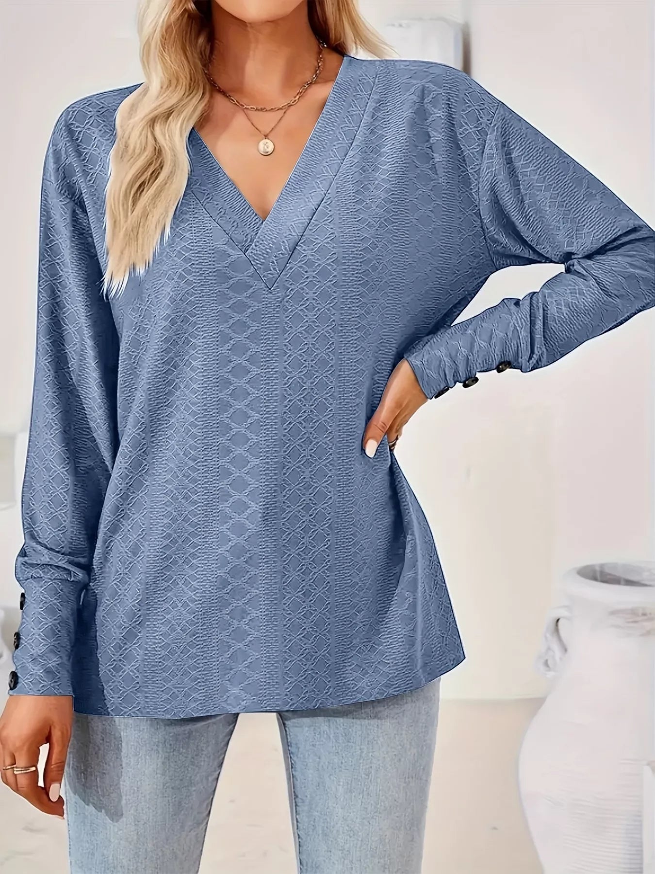 Plus Size V-Neck Textured Long Sleeve T-Shirt