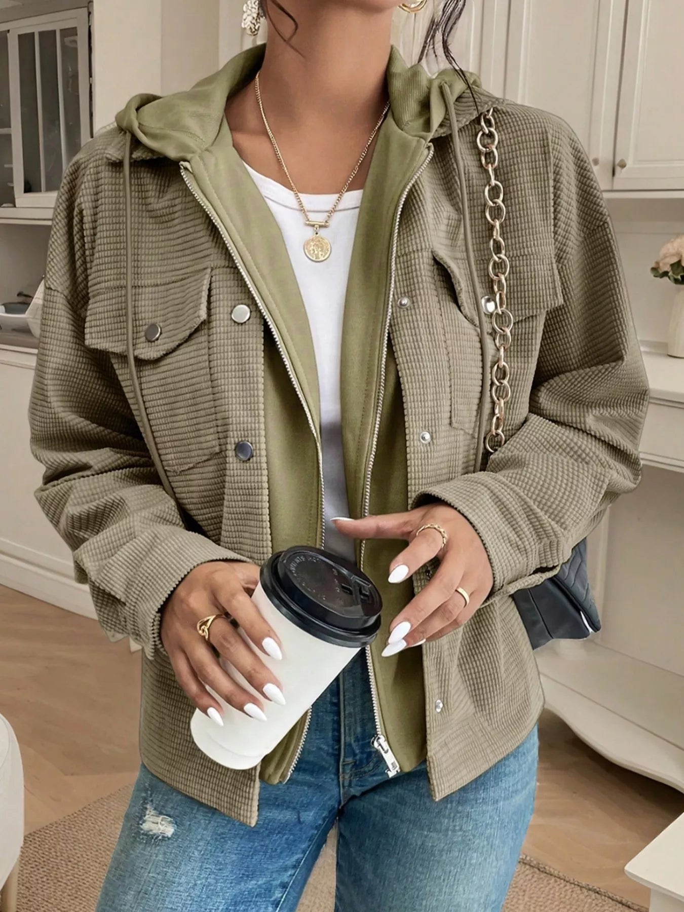 Thermal Knit Textured Hooded Jacket Sage