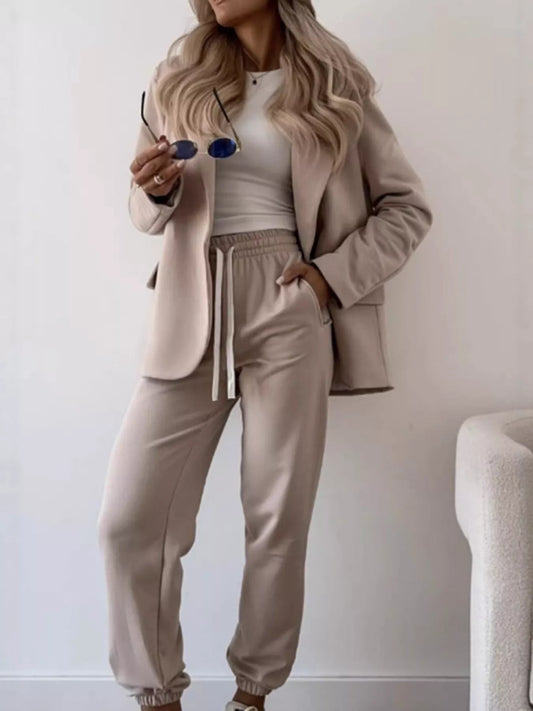 Lapel Collar One Button Blazer and Joggers Set Khaki