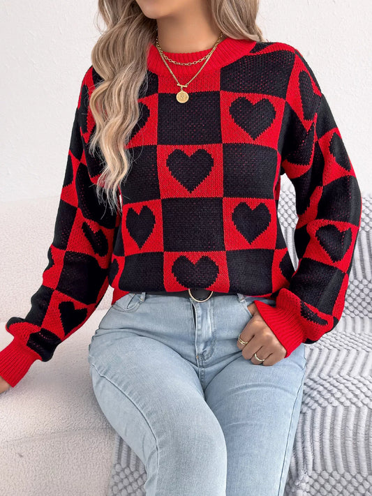 Heart Checkerboard Pattern Round Neck Sweater