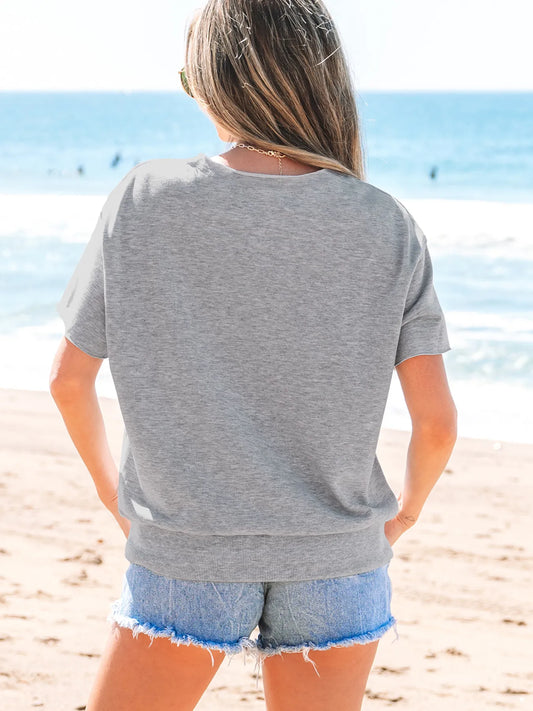 USA Lettering Patch Notched Neck T-Shirt