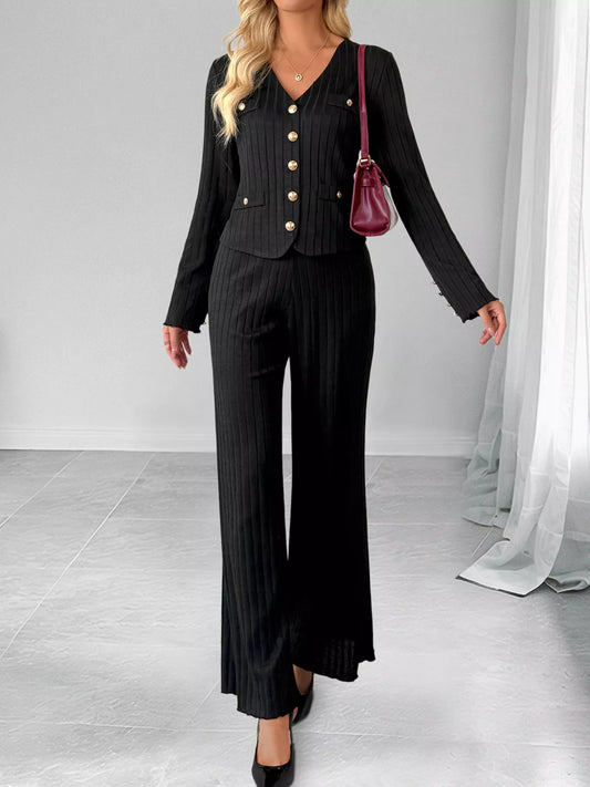 Ribbed Knit Cardigan & Wide Leg Pants Set