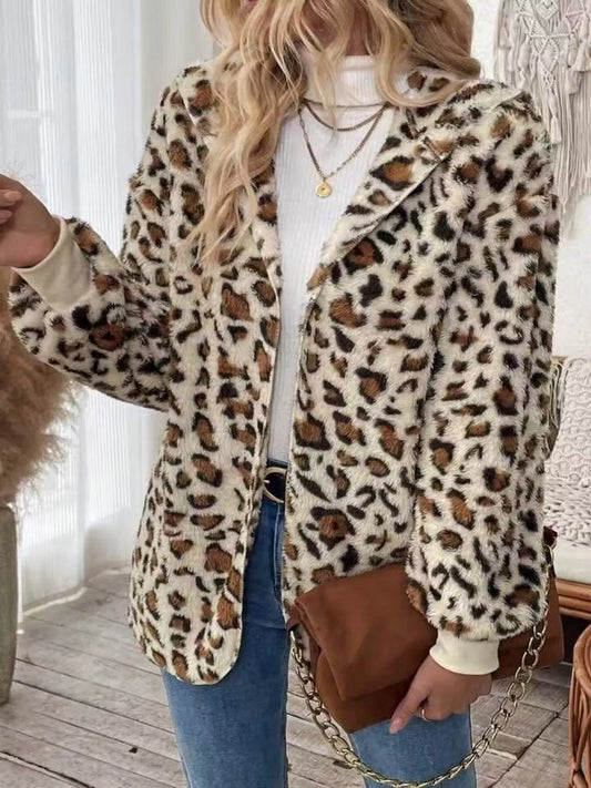 Leopard Print Fuzzy Zip Up Outerwear Leopard