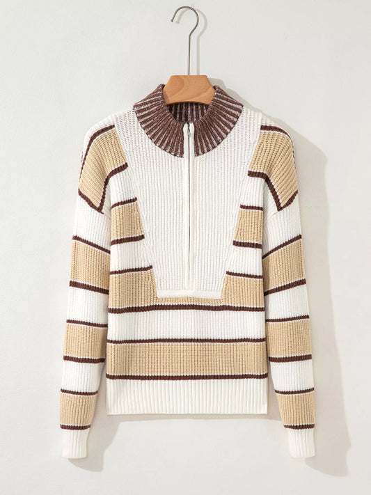 Stripe Half Zip Drop Shoulder Sweater