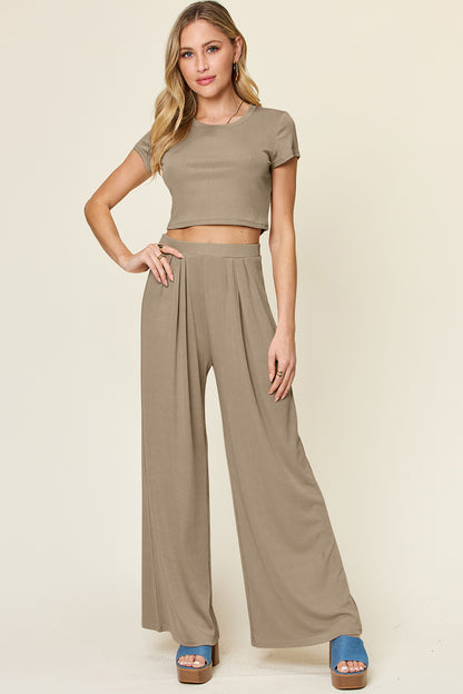 Slightly Stretchy Round Neck Top & Pants Set Mocha