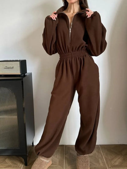 Zip Front Long Sleeve Jumpsuit Brown