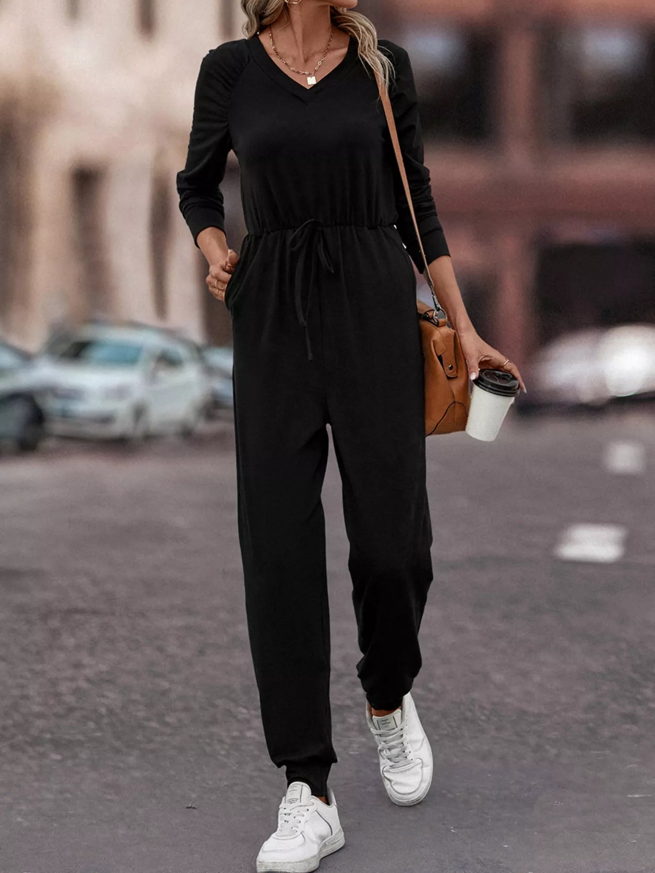 Casual Long Sleeve Drawstring Waist Jumpsuit Black
