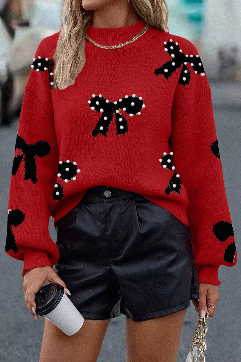 Round Neck Bow Pattern Pearl-Embellished Sweater Rust