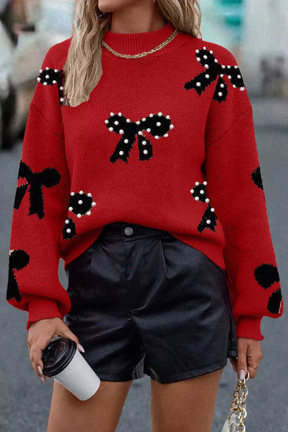 Round Neck Bow Pattern Pearl-Embellished Sweater Rust