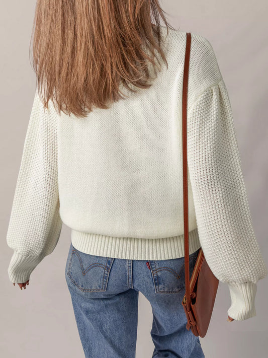 Flower Detail Round Neck Contrast Textured Puff Sleeve Sweater