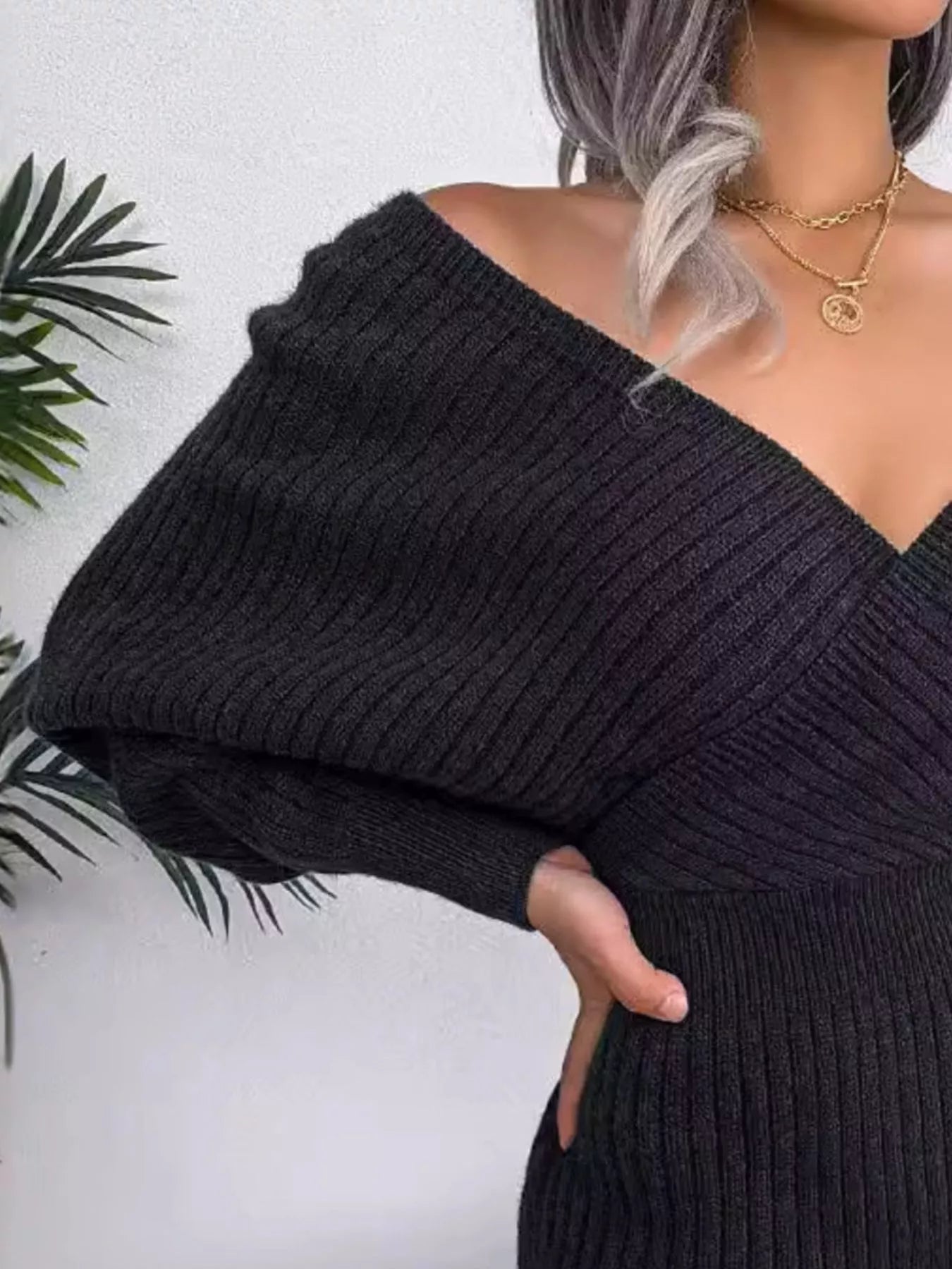 Surplice Long Sleeve Sweater Dress