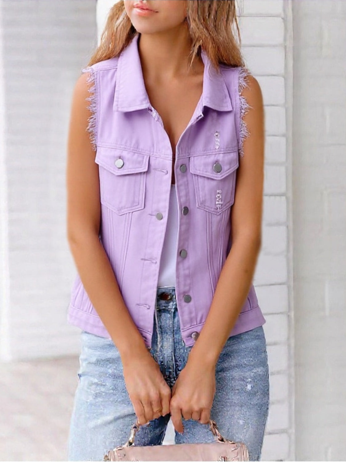 Full Size Button Down Raw Hem Sleeveless Denim Jacket Plus Size Lilac