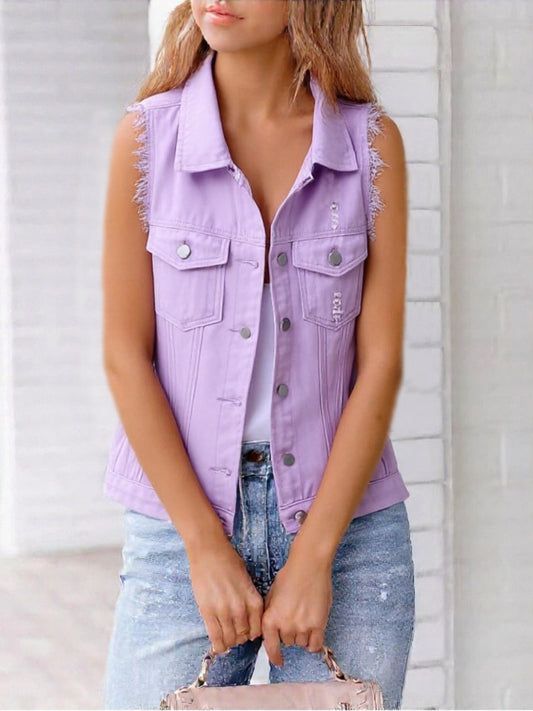 Full Size Button Down Raw Hem Sleeveless Denim Jacket Plus Size Lilac
