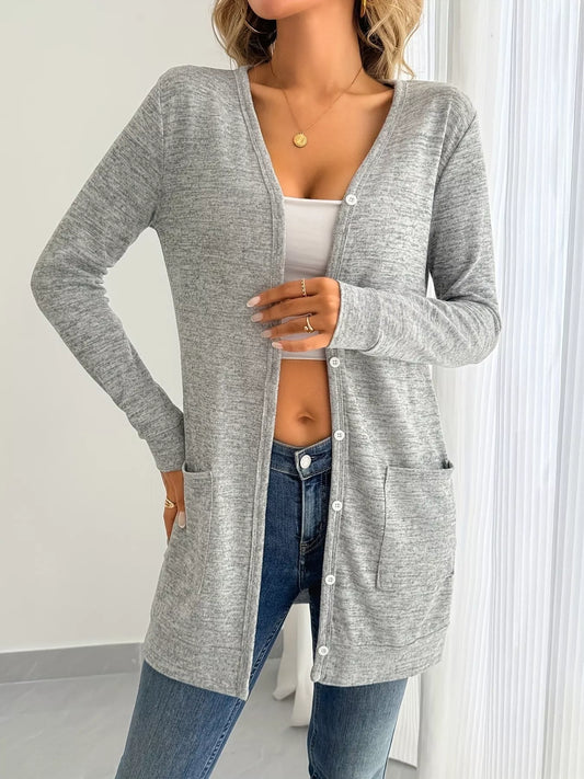 Open Front Longline Cardigan with Side Pockets Light Gray