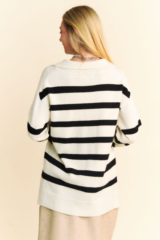 Back To School Sweater - Davi & Dani High-Low Side Slit Striped Johnny Collar Sweater