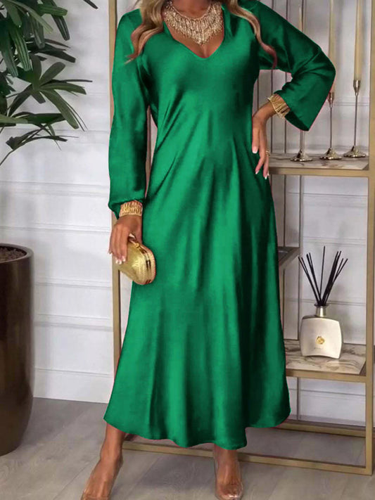 Full Size V-Neck Long Sleeve Midi Dress Plus Size Green