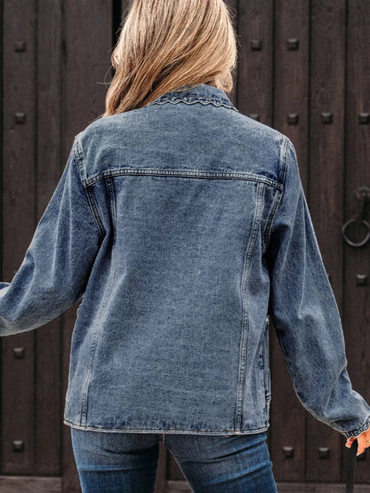 Scallop Trim Collar Patched Pocket Button Up Denim Jacket