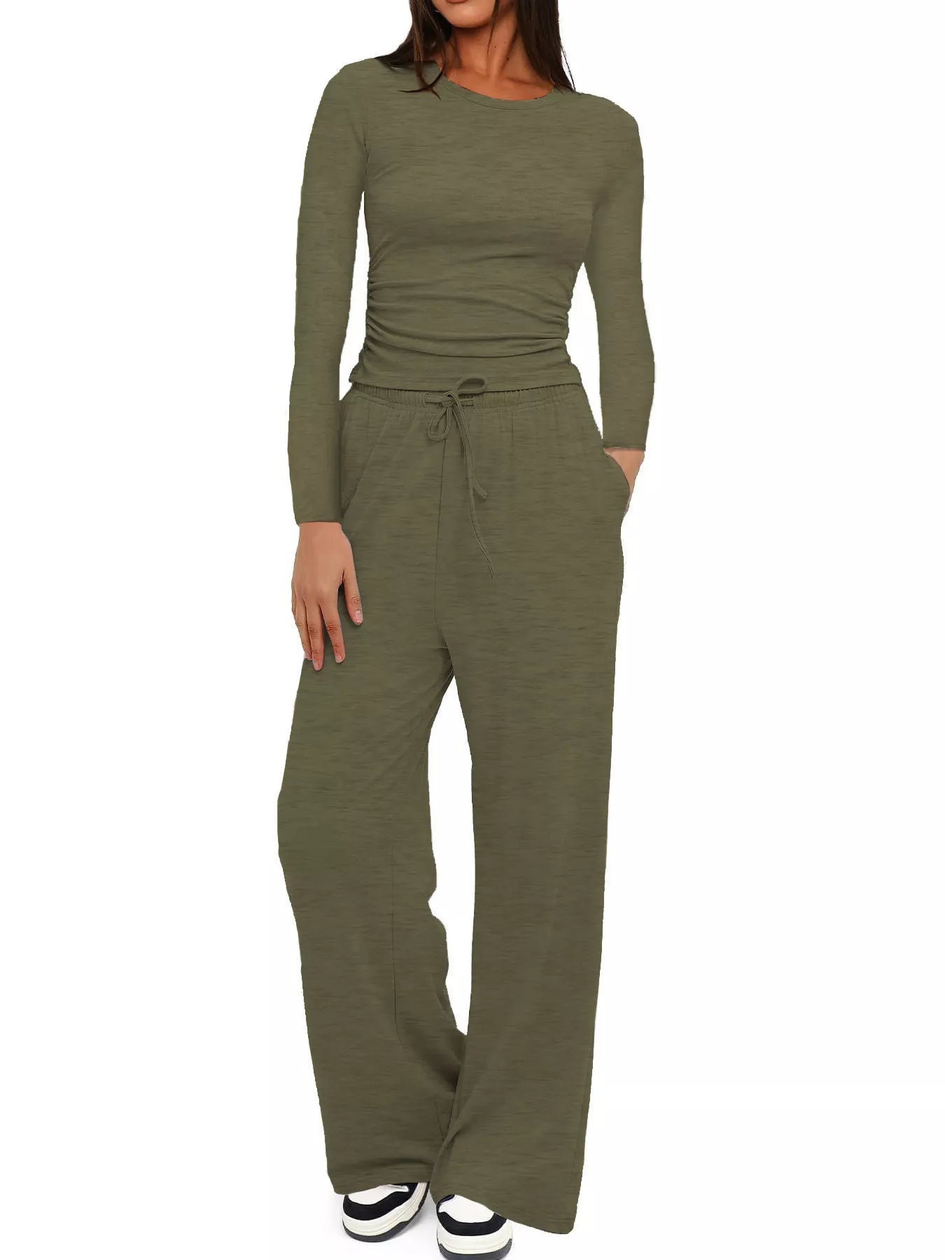 Full Size Casual Long Sleeve Top and Pants Set Plus Size Army Green