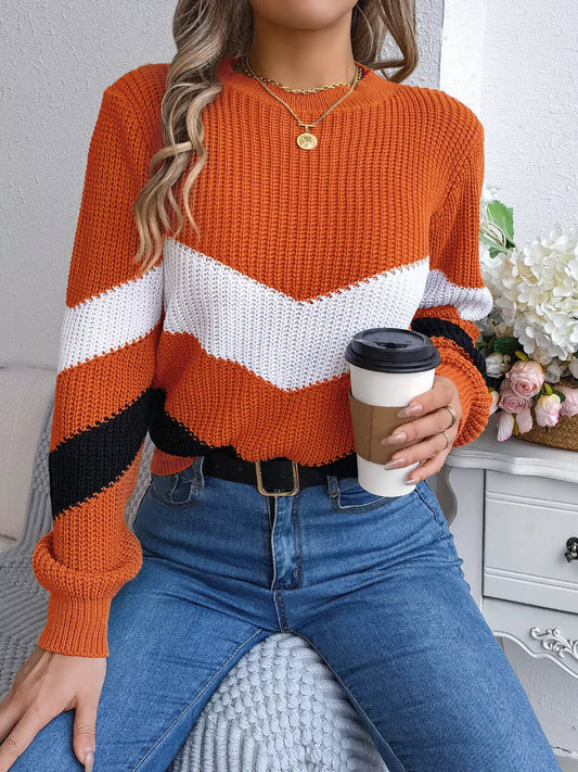 Chevron Stripe Color Block Round Neck Sweater Orange