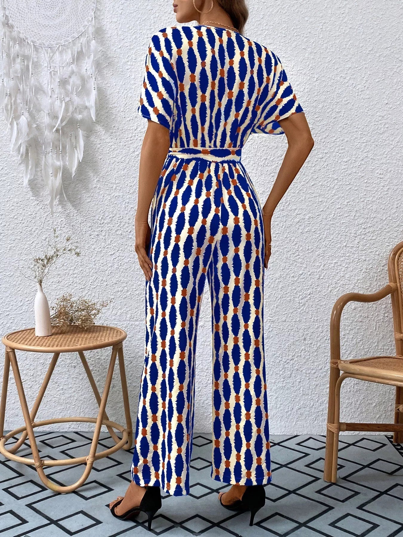 Printed Surplice Tie Waist Short Sleeve Jumpsuit