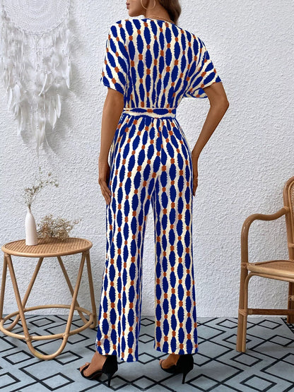 Printed Surplice Tie Waist Short Sleeve Jumpsuit