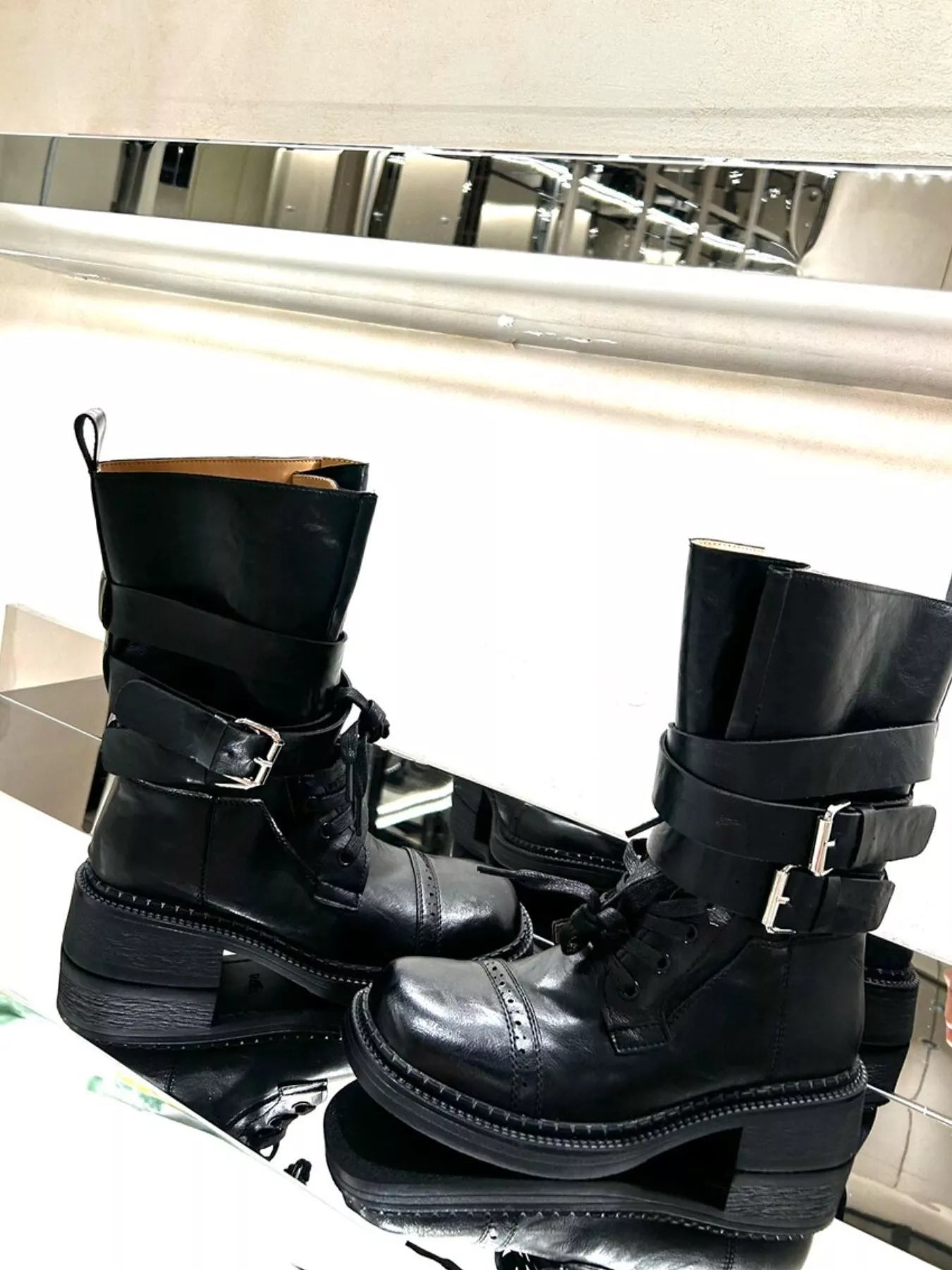 Buckled Leather Block Heel Boots