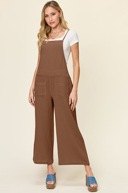 Textured Cotton Sleeveless Wide Leg Jumpsuit Taupe