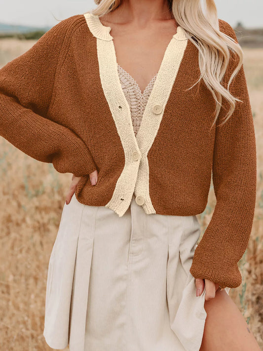 Contrast Knit V Neckline Cardigan Caramel