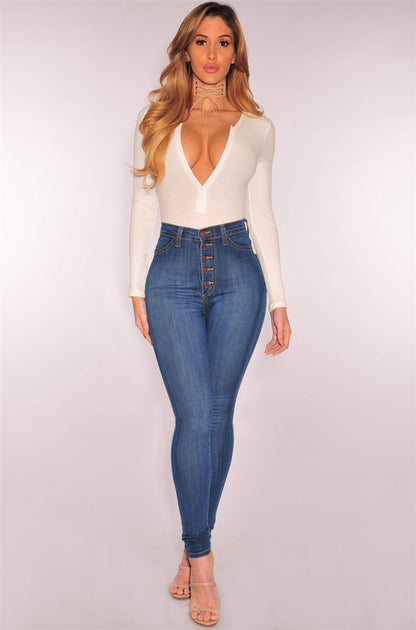 Plus Size Women Clothing High Waist Stretch Slim Denim Skinny Pants Denim Blue