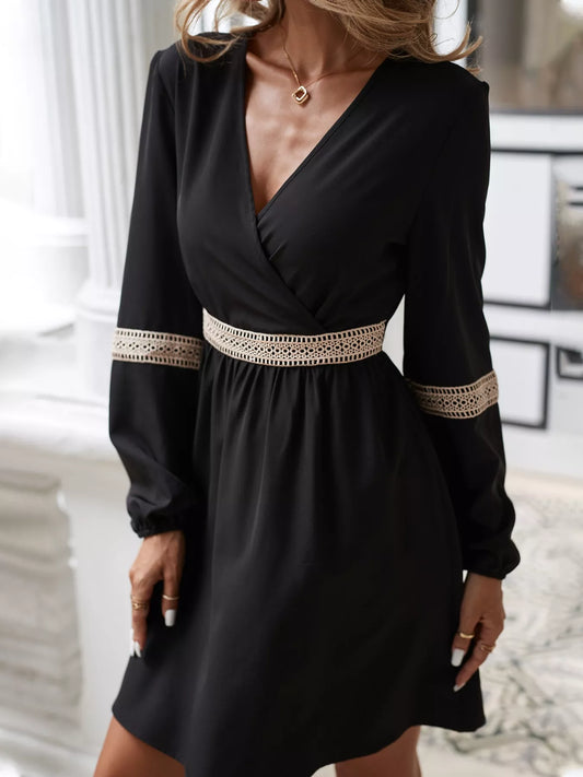 Surplice Balloon Sleeve Dress Black