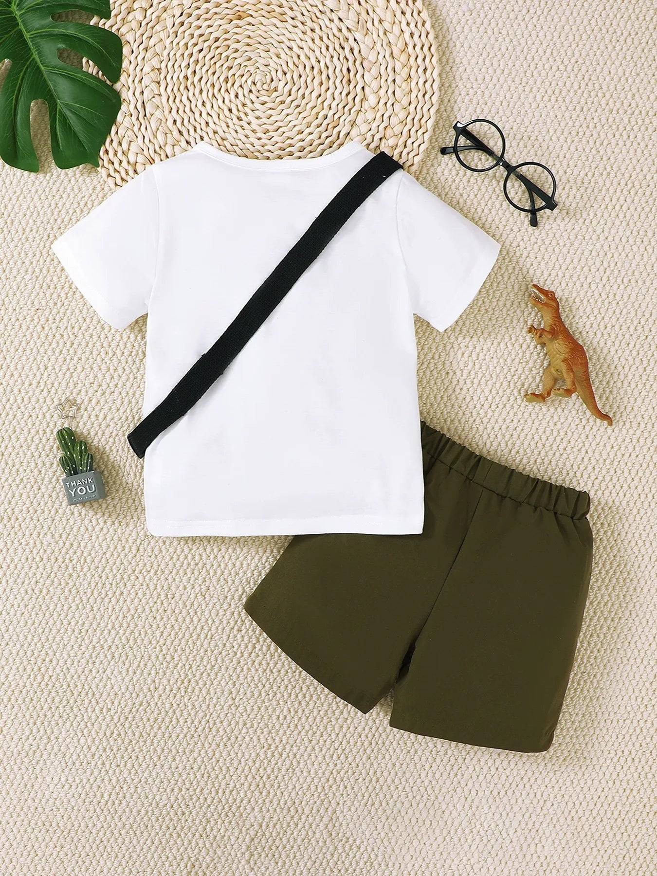 Children's Dinosaur Round Neck Top and Pants Set with Crossbody Bag