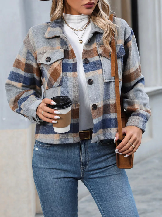 Plaid Button-Up Jacket Light Gray