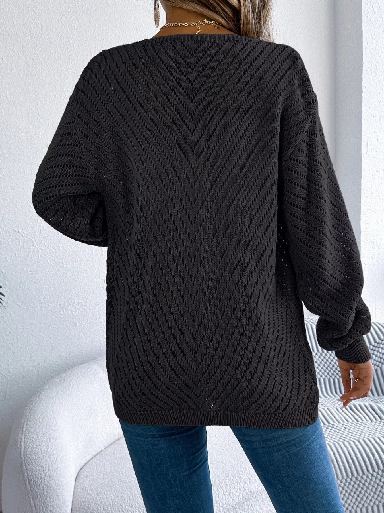 Openwork Open-Front Long Sleeve Cardigan