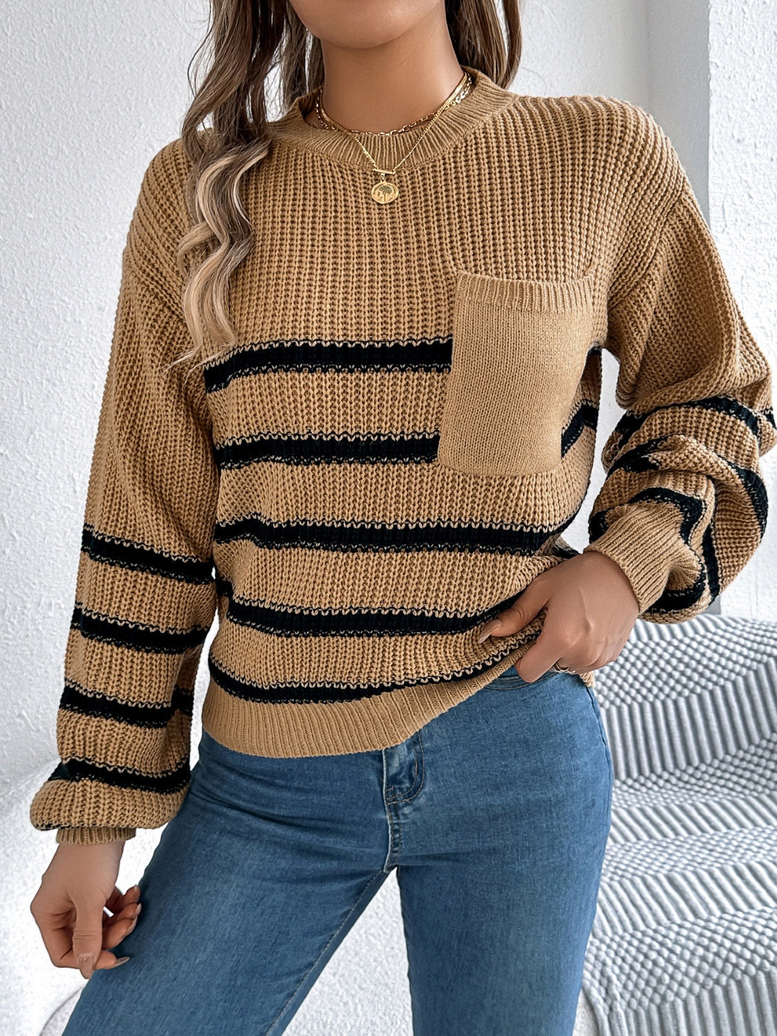 Striped Round Neck Long Sleeve Sweater Caramel