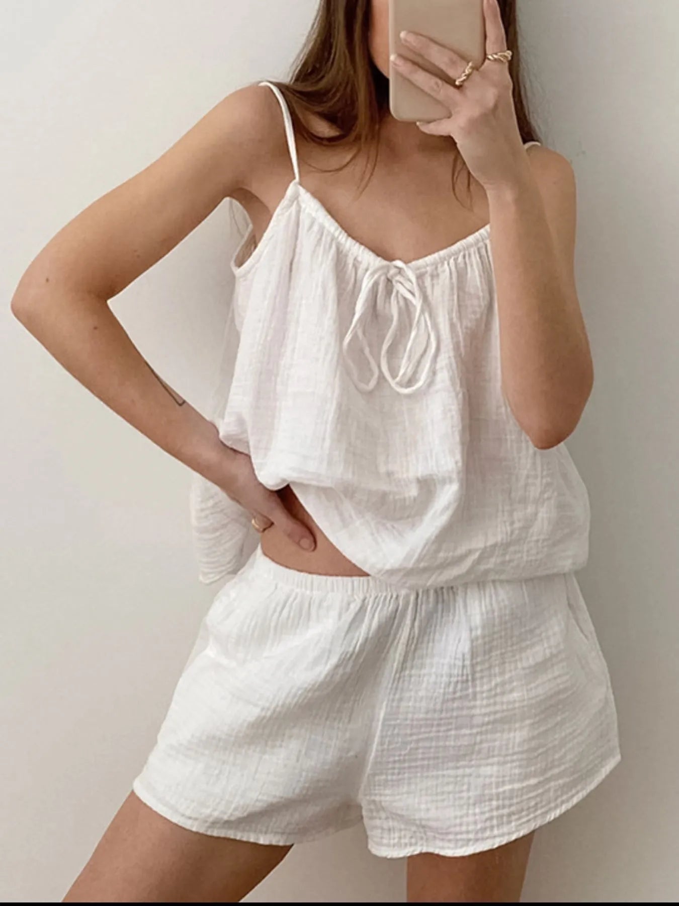 Tie Front Cami and Shorts Lounge Set White