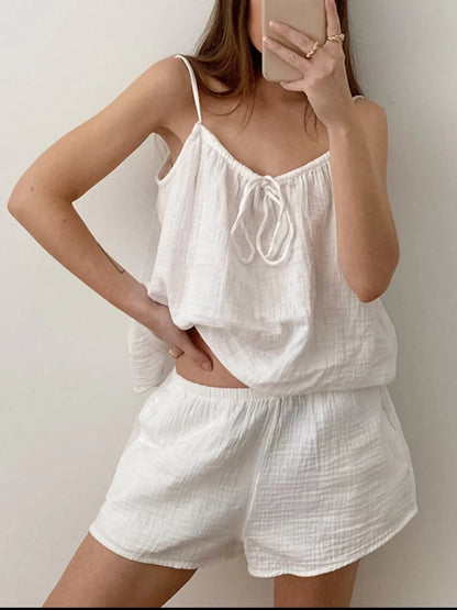 Tie Front Cami and Shorts Lounge Set White