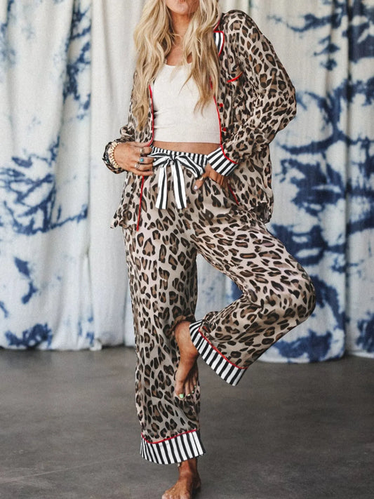 Leopard and Striped Trim Shirt and Pants Set Leopard