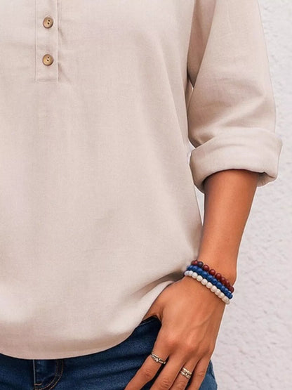 Full Size Button Detail Notched Long Sleeve Blouse Plus Size