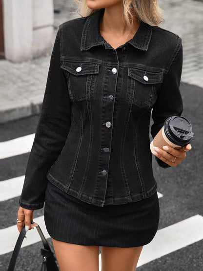 Button Up Long Sleeve Denim Jacket Black