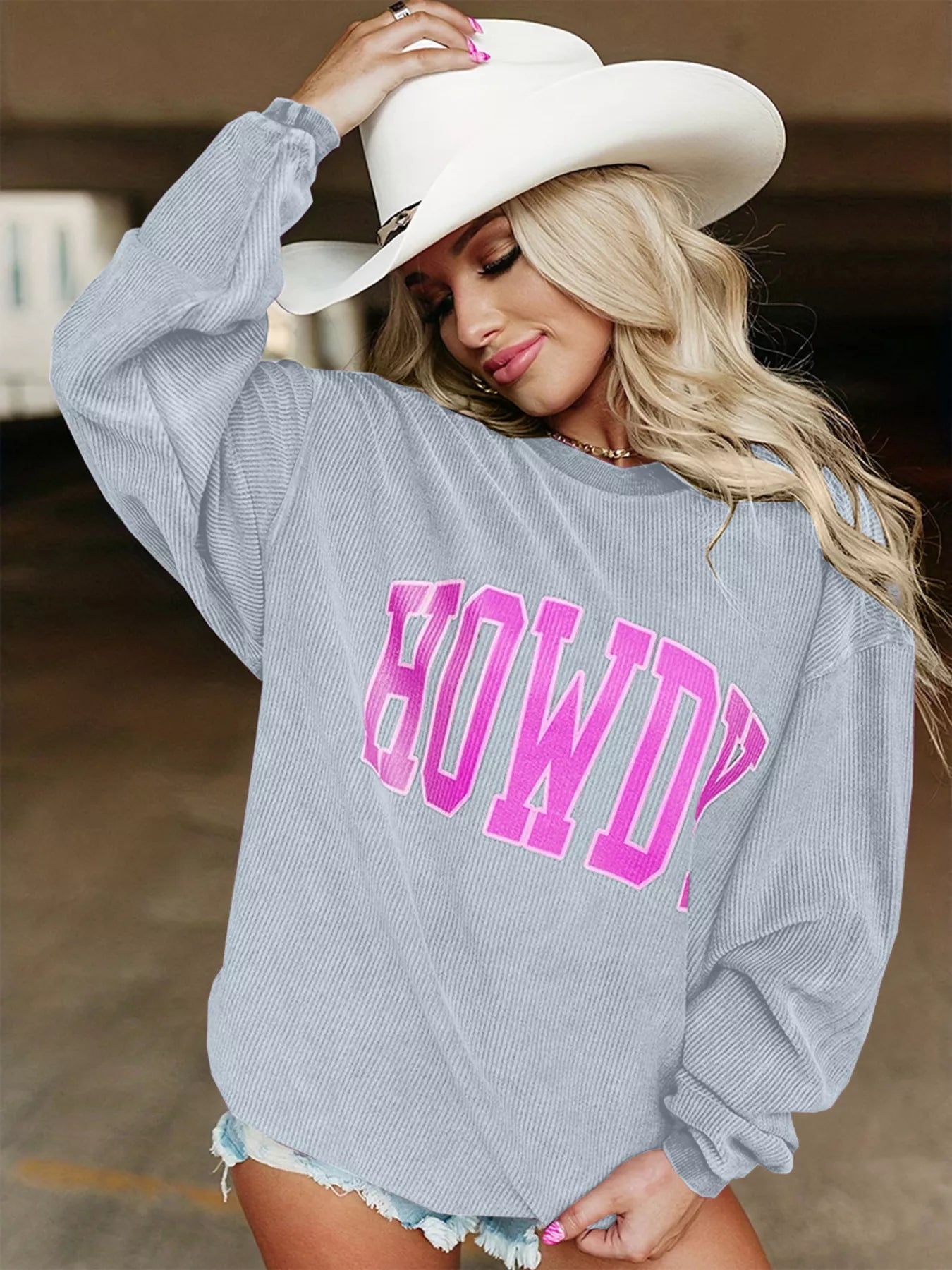 Full Size Howdy Round Neck Oversized Sweatshirt Plus Size Silver