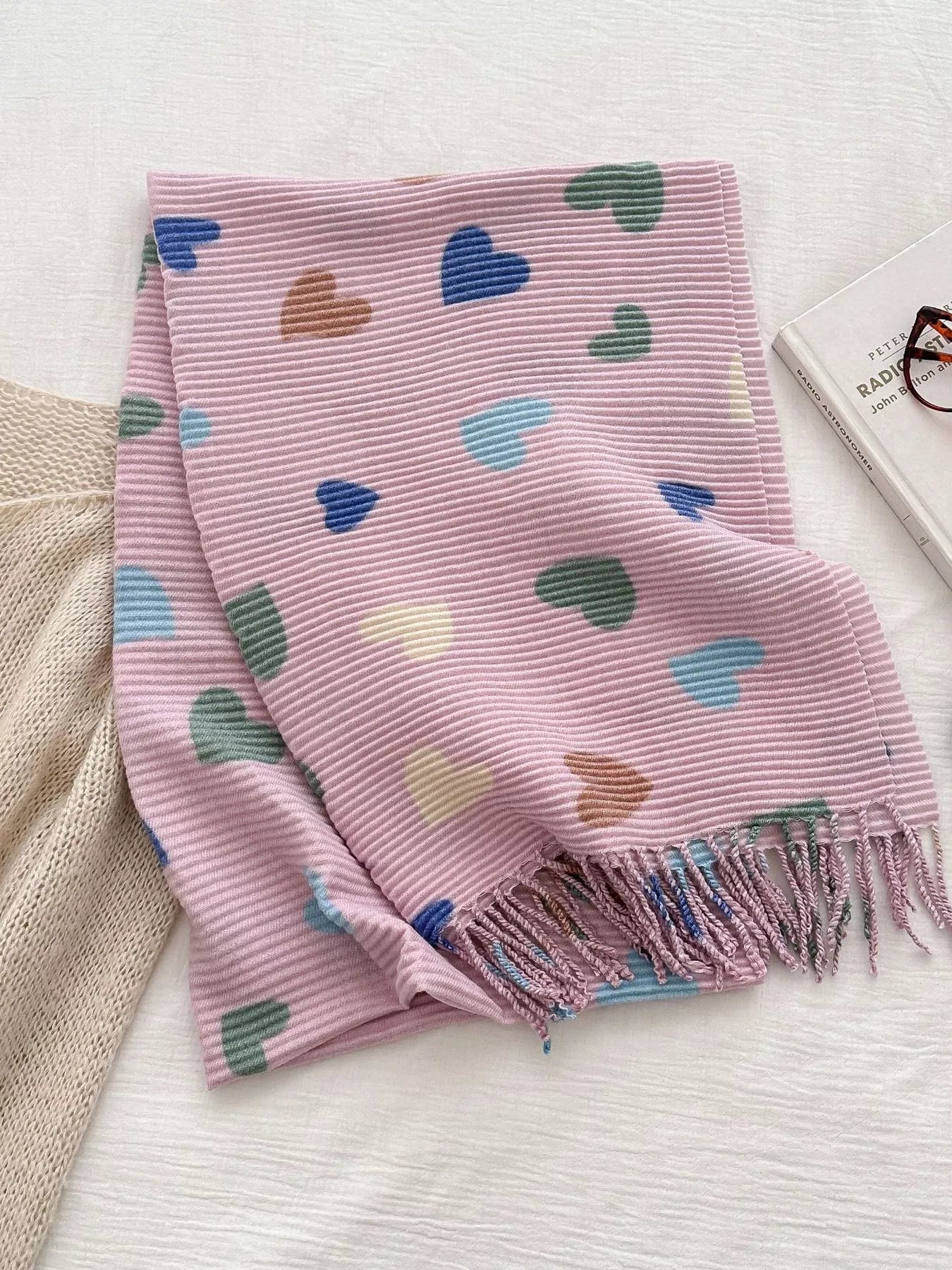 Heart Patterned Tassel Scarf Pink One Size