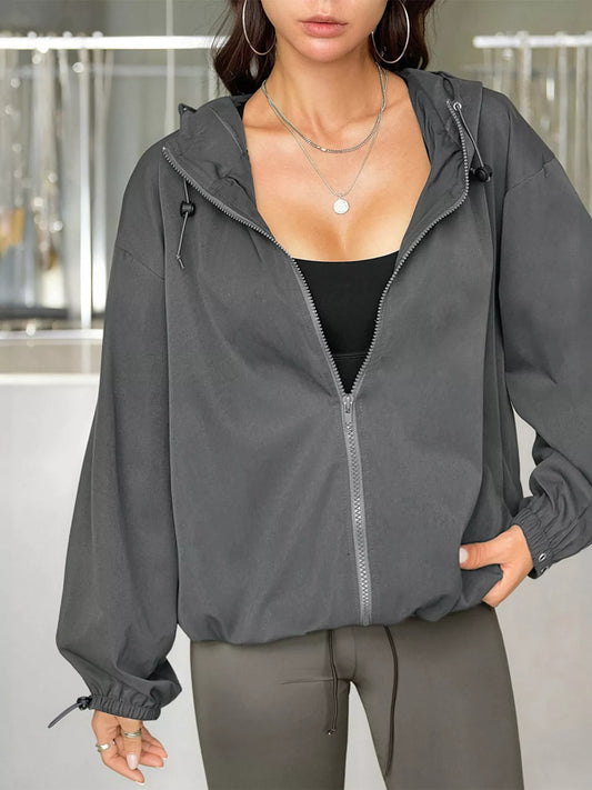 Drawstring Zip Up Hooded Jacket Black