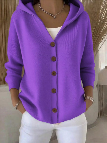 Full Size Hooded Button-Front Soft Knit Cardigan Plus Size Purple