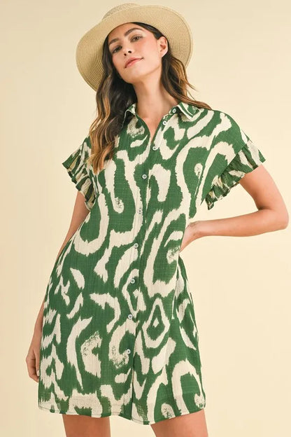 Annie Wear Abstract Printed Frill Sleeve Shirt Mini Dress GREEN