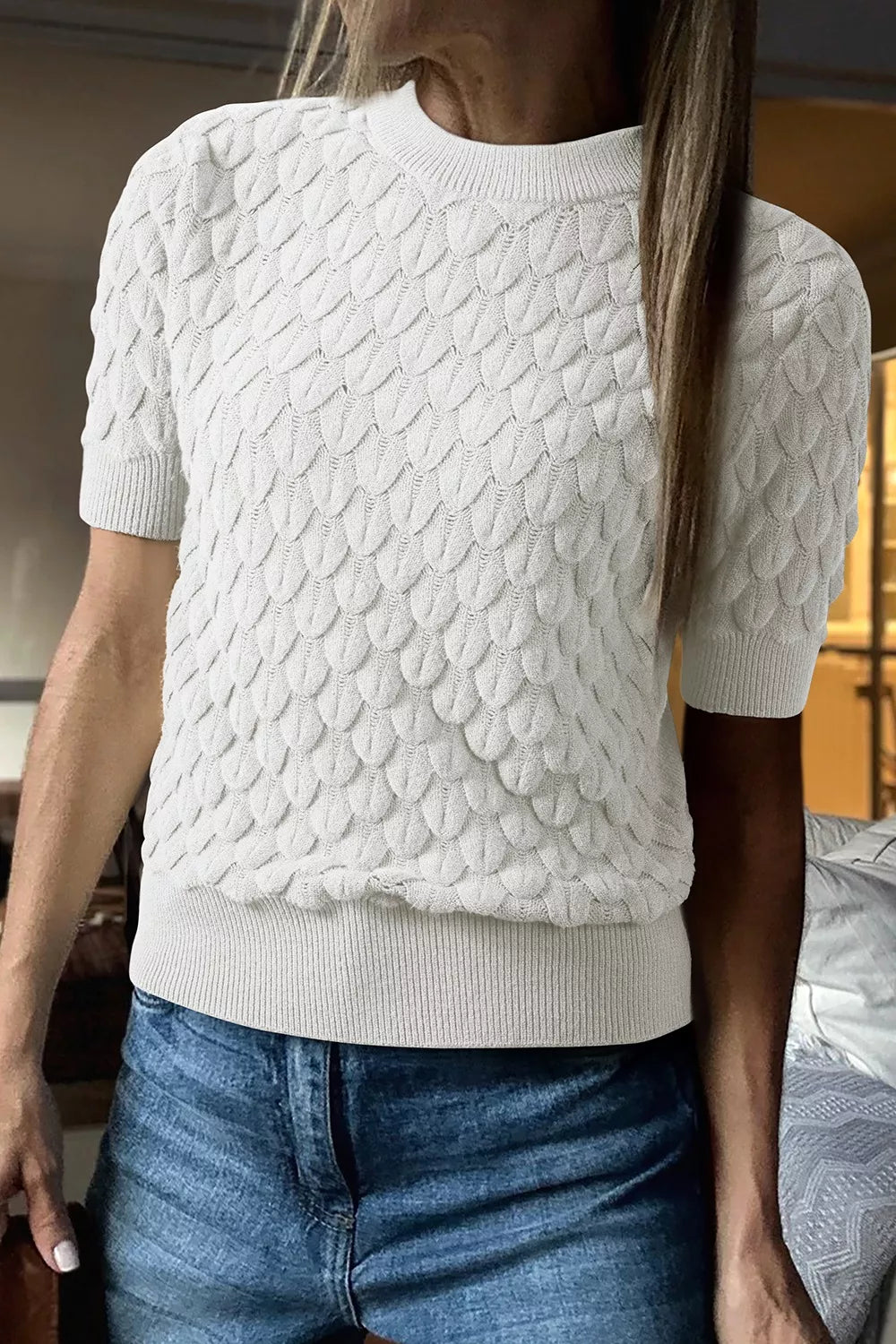 Textured Knit Short Sleeve Pullover White