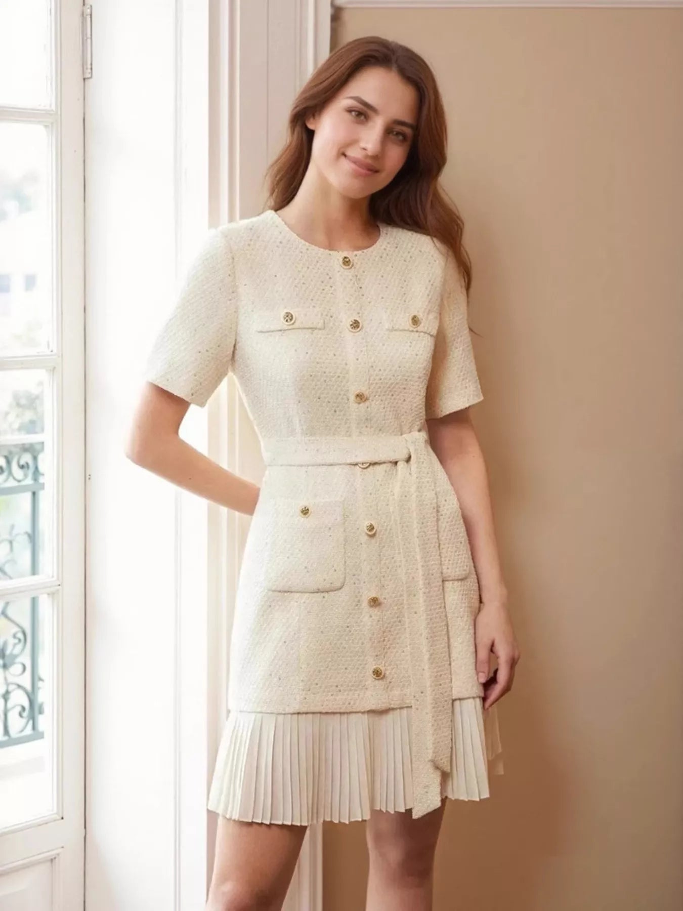 Pleated Hem Round Neck Dress Ivory