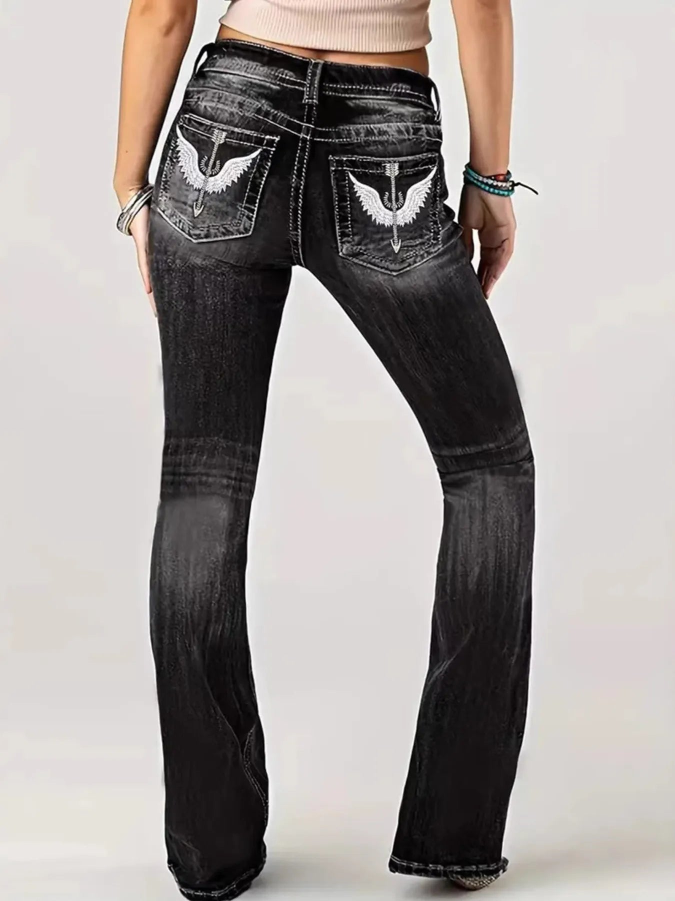 Embroidered Washed Bootcut Jeans