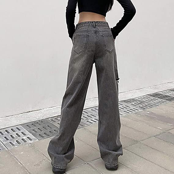 Fashion Casual Cotton Straight Ripped Women Jeans Black